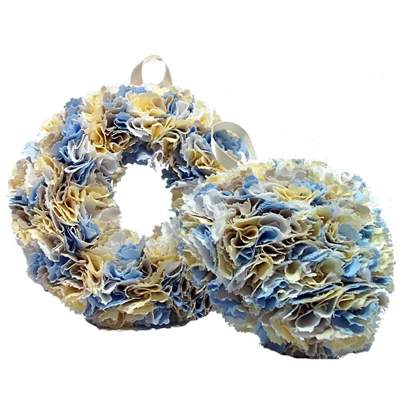 12cm Fabric Wreath with lights and matching heart - Blue, Yellow, Beige, White