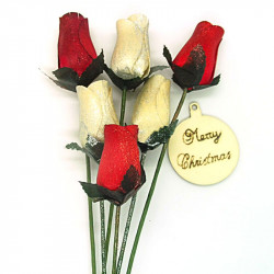 Christmas Wooden Rose Bouquet - Red and White Glitter