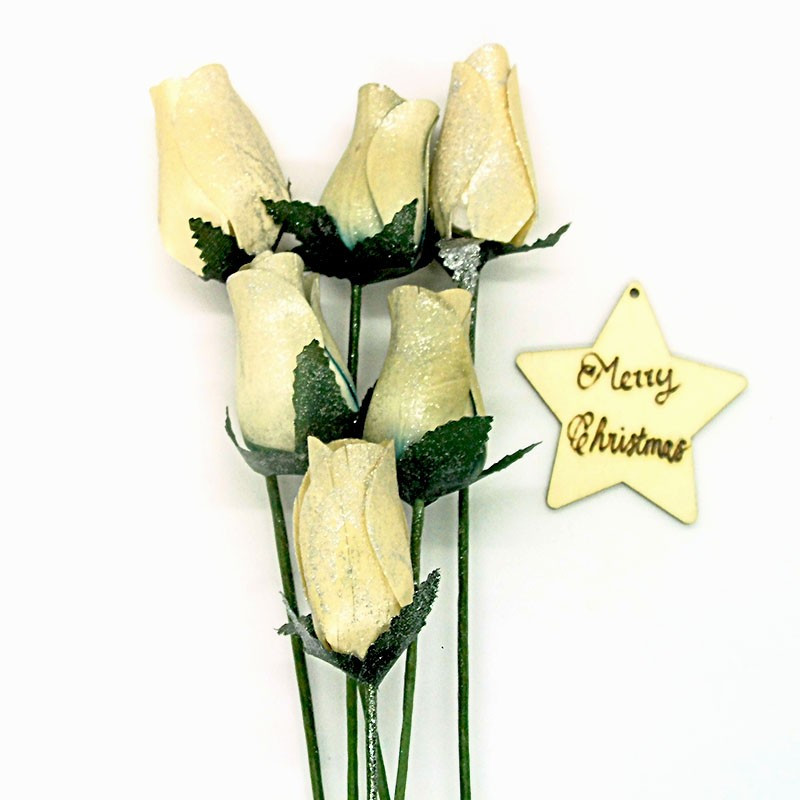 Christmas Wooden Rose Bouquet - White Glitter