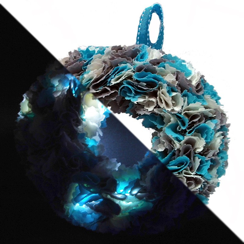 12cm Fabric Wreath with lights - Blue, Cream, Grey