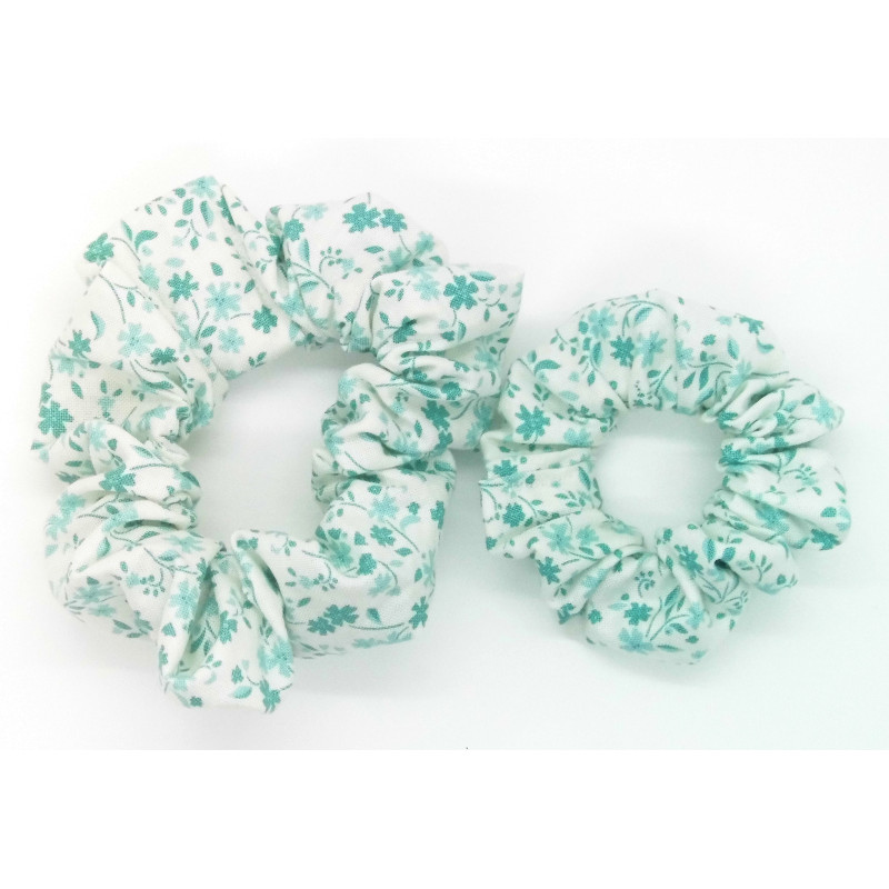 White & Mint Floral Mother and Daughter Matching Scrunchie Set
