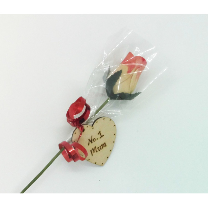 Single Wooden Rose - White & Red - No.1 Mum