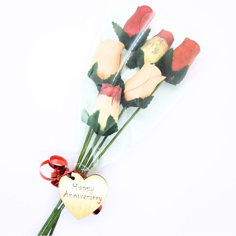Happy Anniversary Wooden Rose Bouquet - Terracota, Peach and White/Burgandy