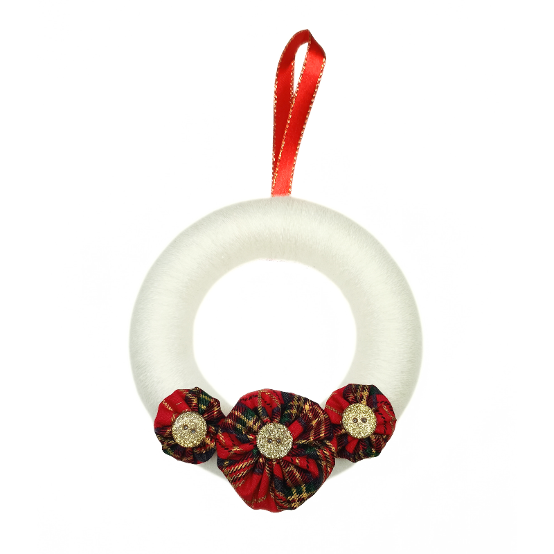 12cm Christmas White Wool Wreath - Red Tartan