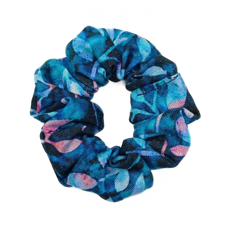 Teal Autumn Leaves Batik Mini Scrunchie