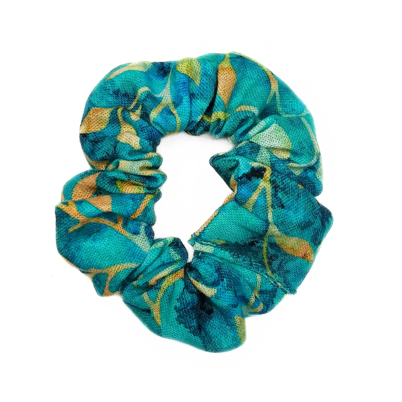 Turquoise Autumn Leaves Batik Mini Scrunchie