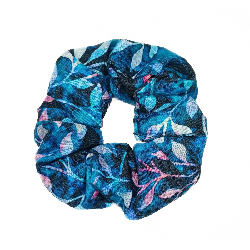 Teal Autumn Leaves Batik Scrunchie