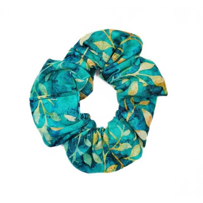 Turquoise Autumn Leaves Batik Scrunchie