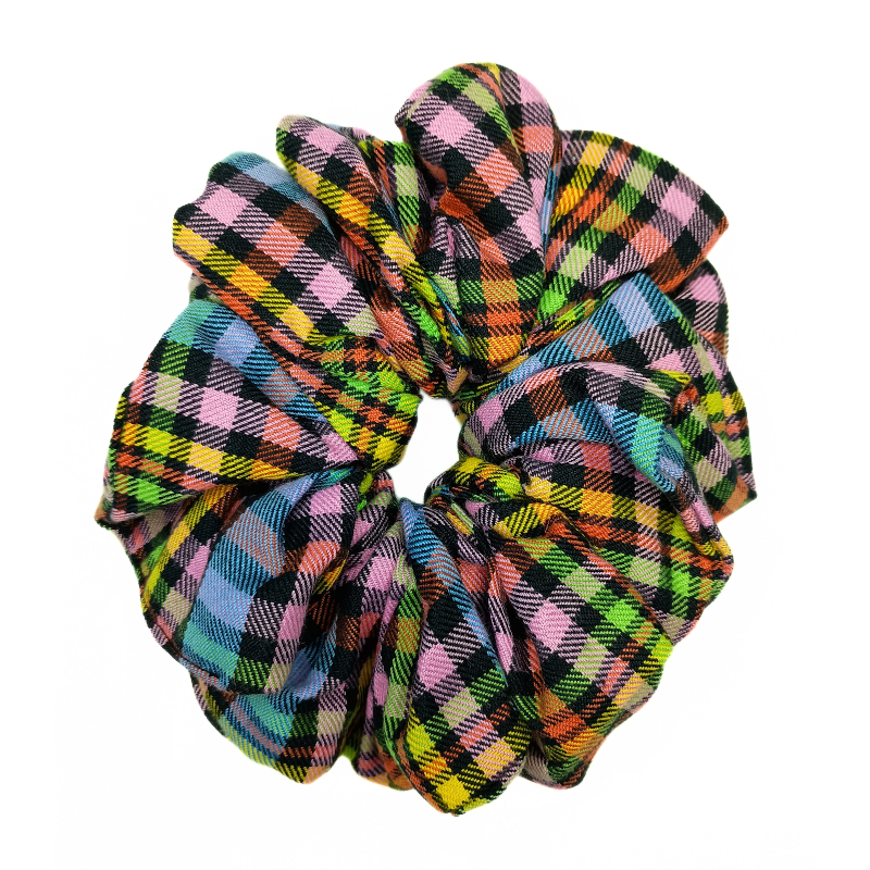 Rainbow and Black Tartan Mega Scrunchie