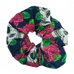 Navy Pink Rose Skull Scrunchie
