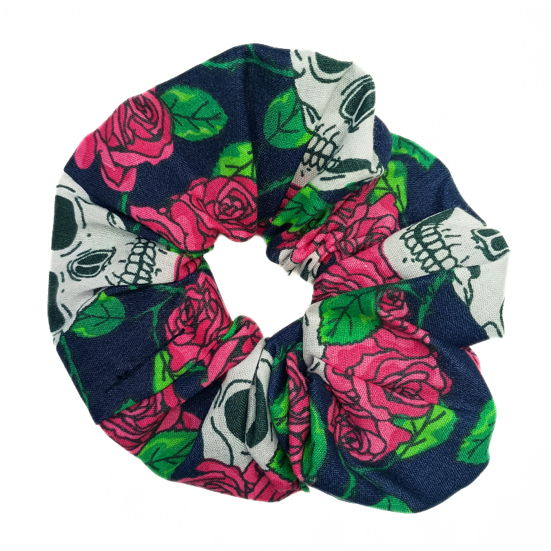 Navy Pink Rose Skull Scrunchie