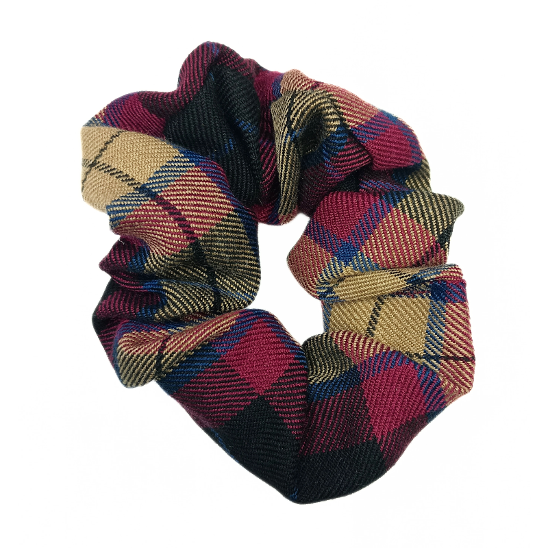 Burgundy, Navy, Beige and Black Tartan Scrunchie