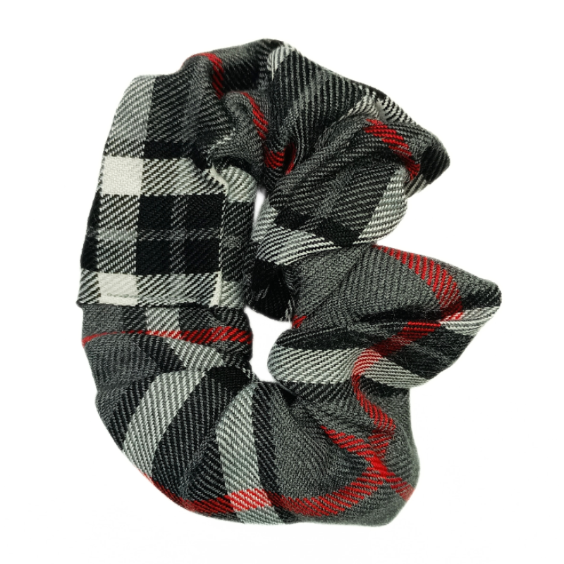 Grey, Black, White and Red Tartan Scrunchie