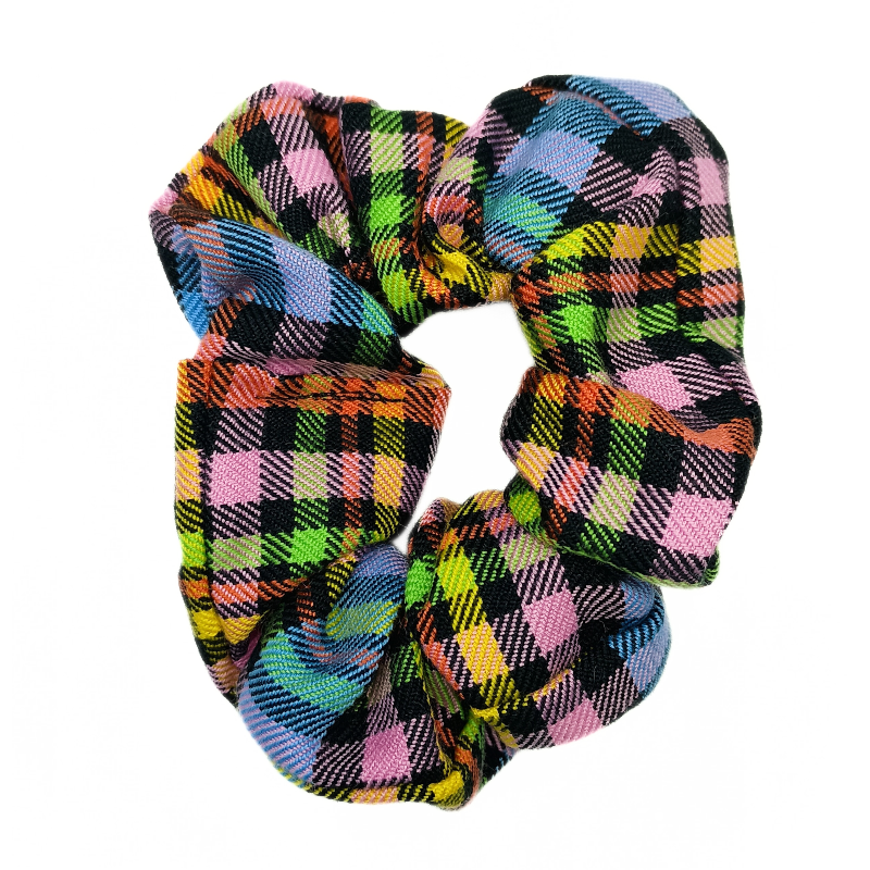 Rainbow and Black Tartan Scrunchie