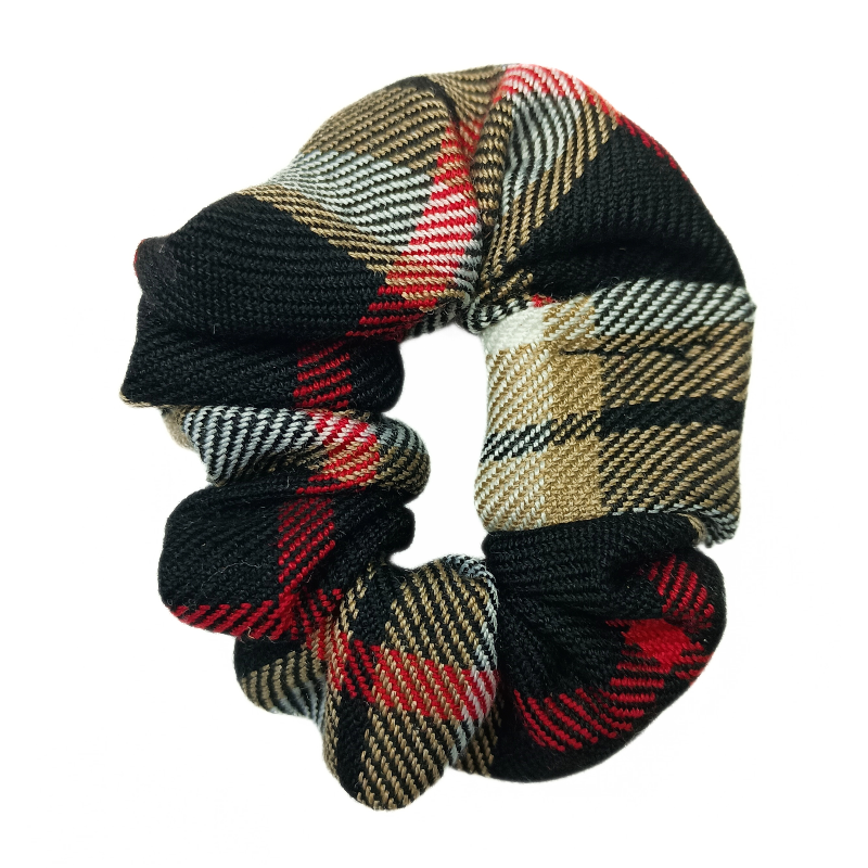 Beige, Black, Red and White Tartan Mini Scrunchie