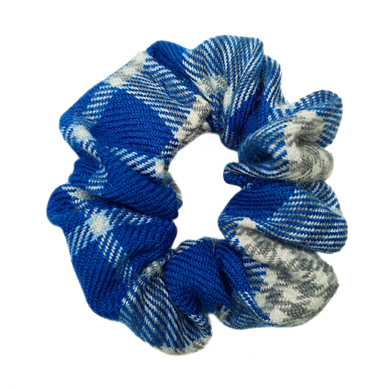 Blue And White Tartan Mini Scrunchie