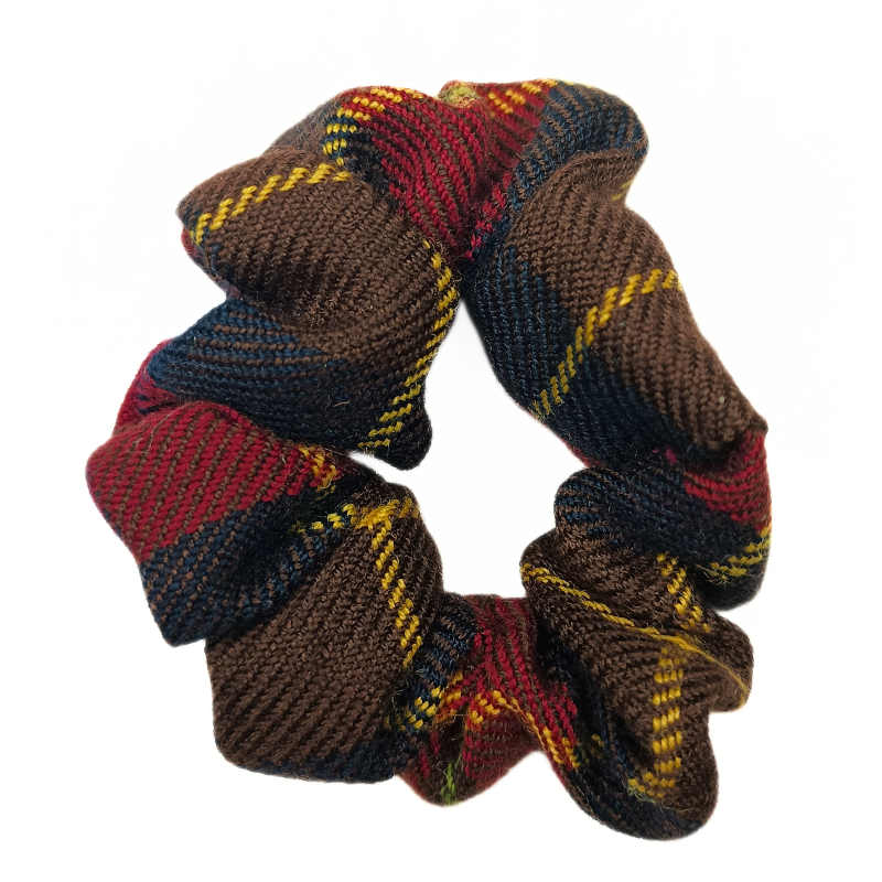 Burgundy, Brown, Red, Navy and Gold Tartan Mini Scrunchie