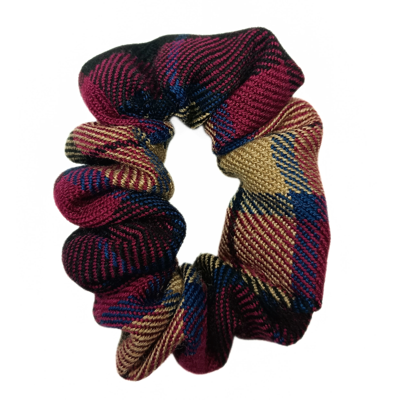 Burgundy, Navy, Beige and Black Tartan Mini Scrunchie