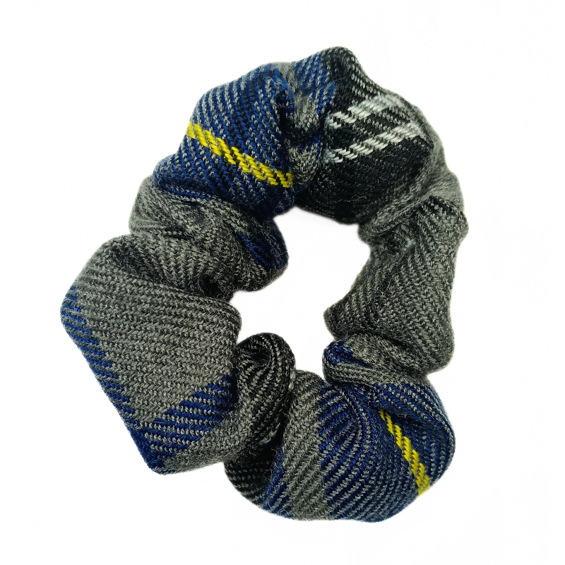 Grey, Blue, Yellow and White Tartan Mini Scrunchie