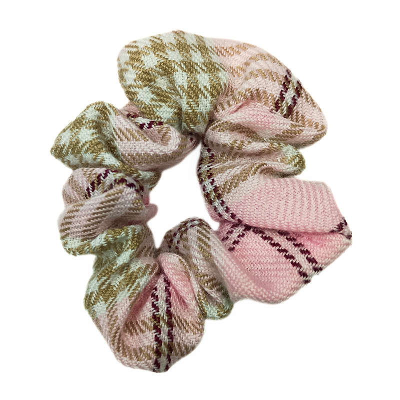 Pink, Brown, White & Wine Small Pattern Tartan Mini Scrunchie