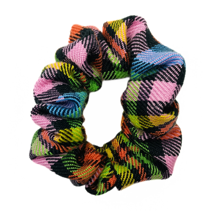Rainbow and Black Tartan Mini Scrunchie