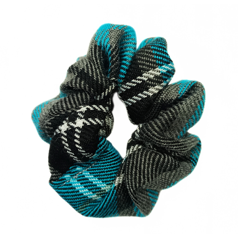 Turquoise and Grey Tartan Mini Scrunchie