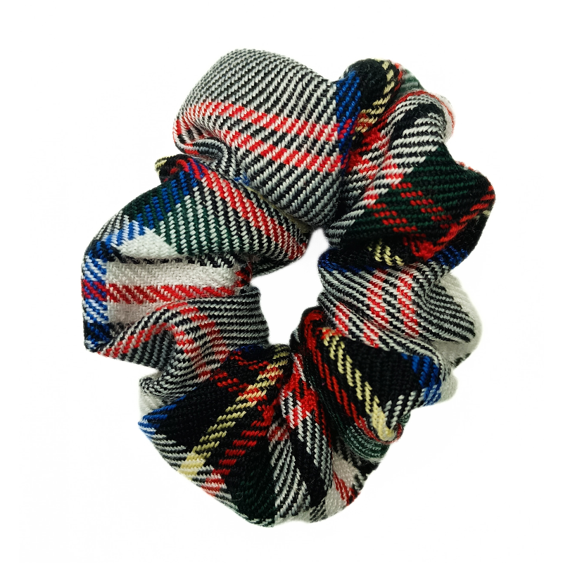 White, Green, Blue, Red and Yellow Tartan Mini Scrunchie