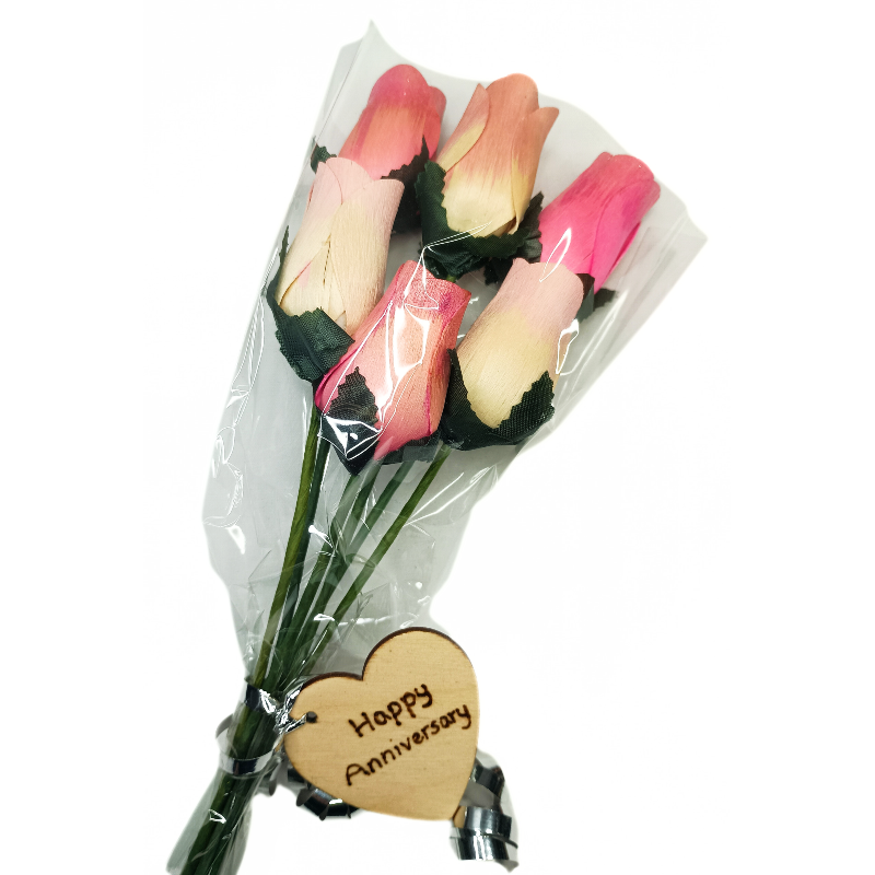 Happy Anniversary Wooden Rose Bouquet - White, Pink and Glitter