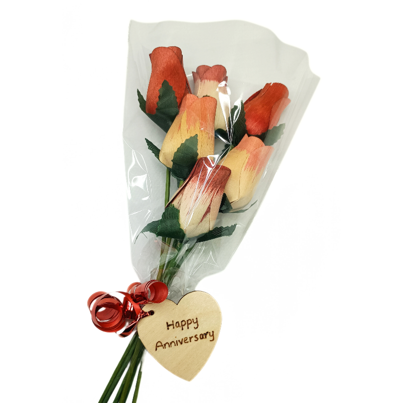 Happy Anniversary Wooden Rose Bouquet - Terracota, White, Red Tip