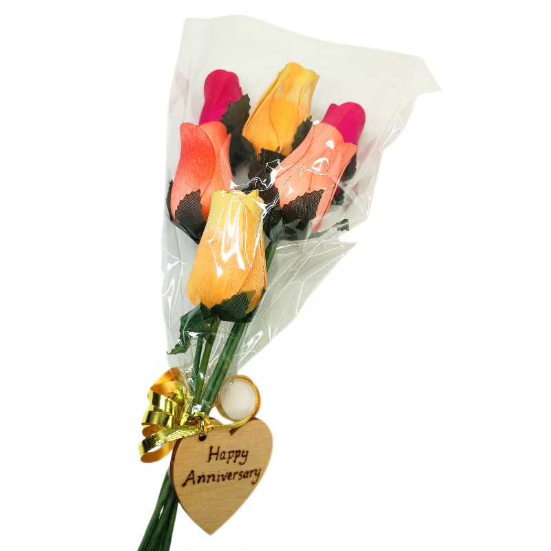 Happy Anniversary Wooden Rose Bouquet - Pink, Yellow & Orange