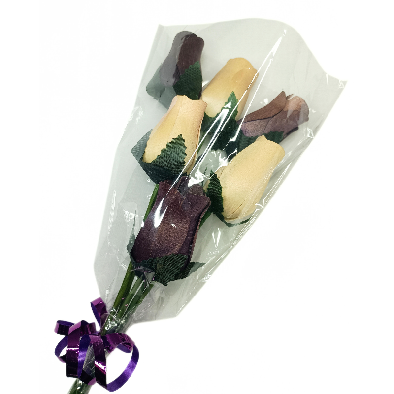 Wooden Rose Bouquet - Dark Purple & White