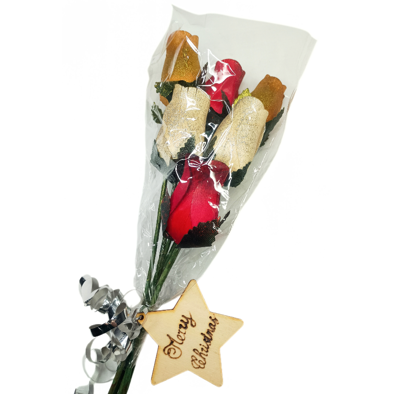 Christmas Wooden Rose Bouquet - Gold, White & Red Glitter