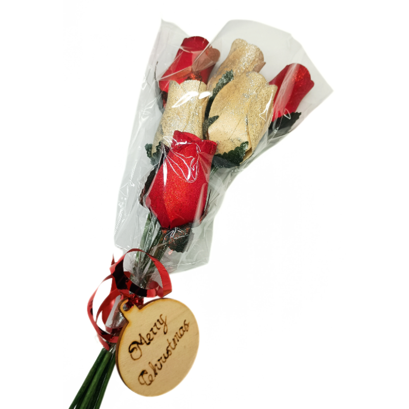 Christmas Wooden Rose Bouquet - Red and White Glitter