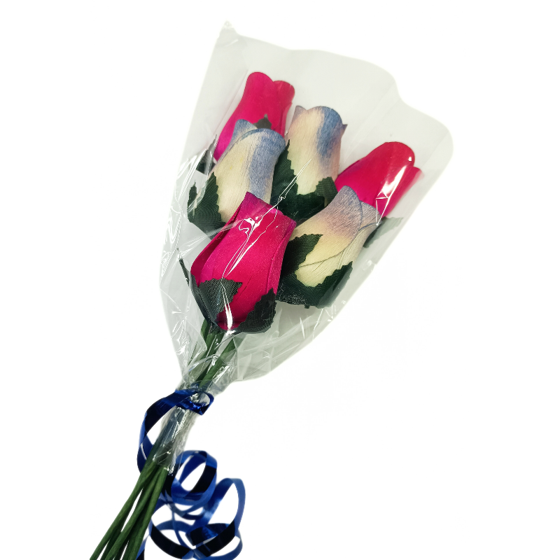 Wooden Rose Bouquet - Hot Pink & White/Blue