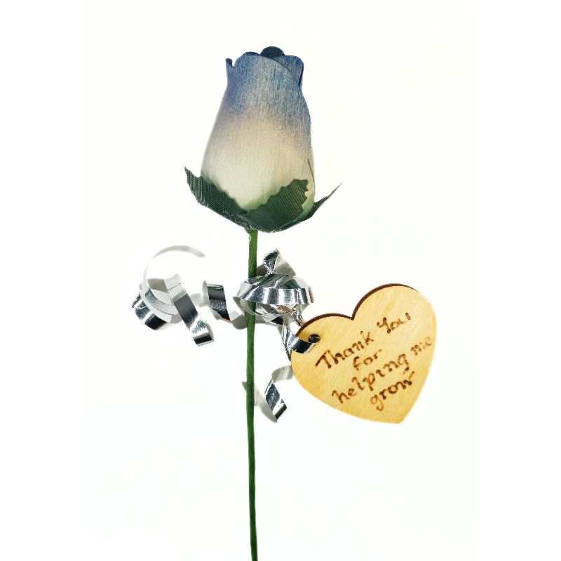 Single Wooden Rose -  White and Blue - Thank you for helping me grow