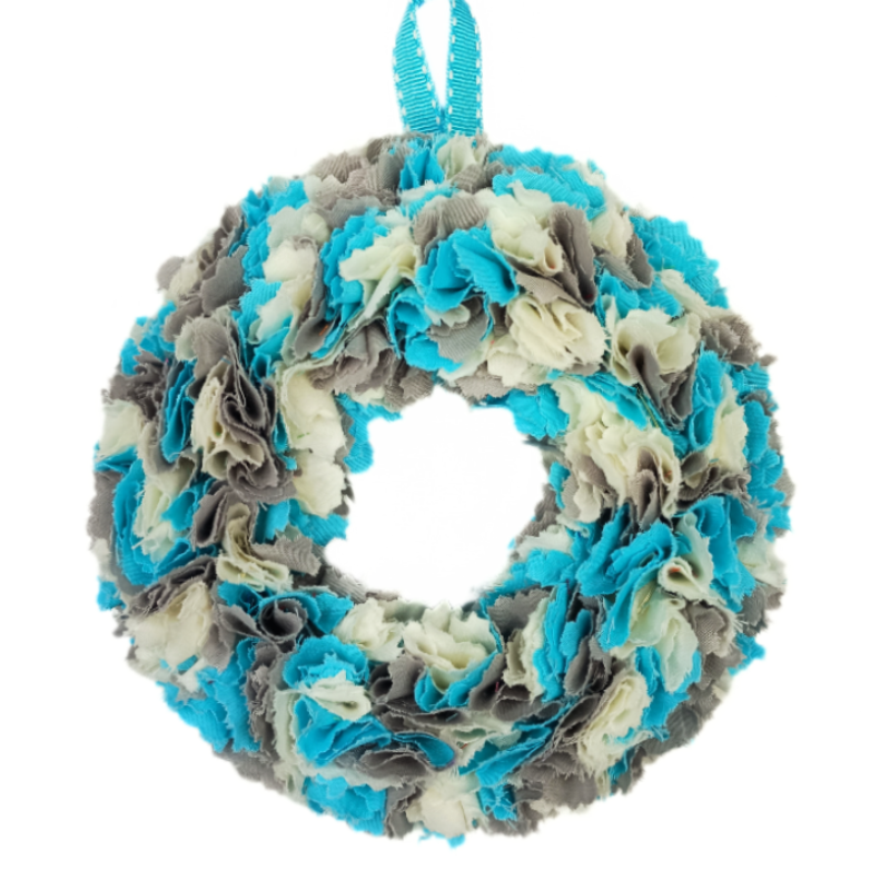 12cm Fabric Wreath with lights - Blue, Cream, Grey