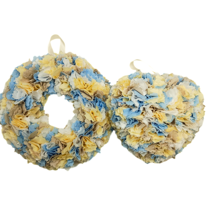 12cm Fabric Wreath with lights and matching heart - Blue, Yellow, Beige, White