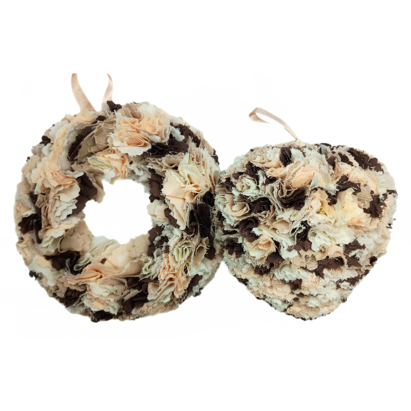 12cm Fabric Wreath with lights and matching heart - Brown, Beige, Cream