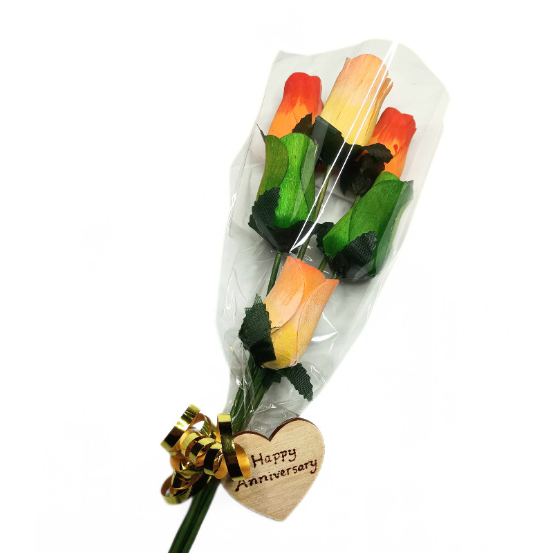 Happy Anniversary Wooden Rose Bouquet - Yellow, Orange & Green