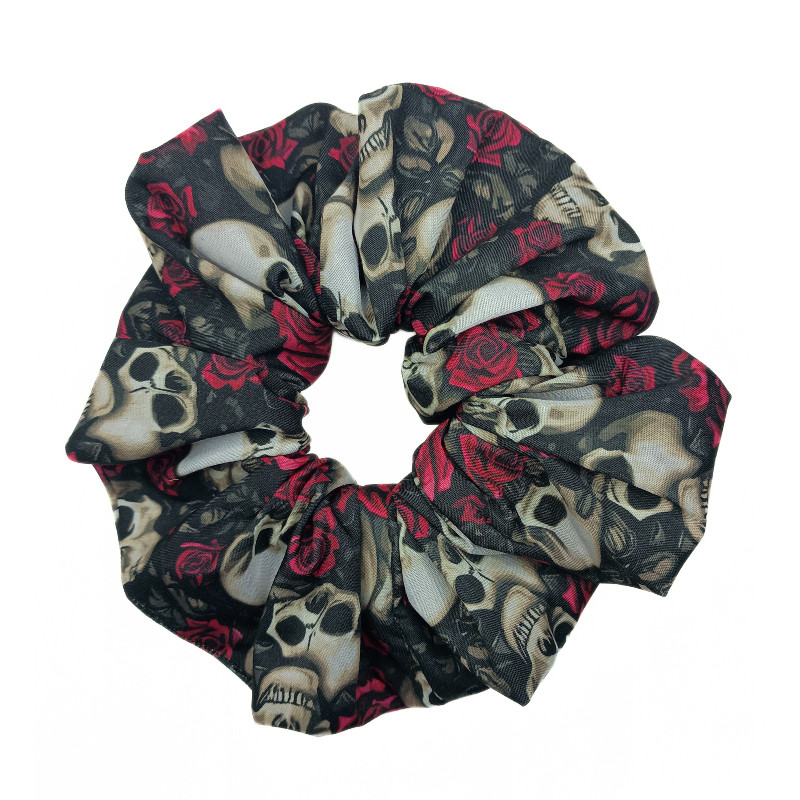 Gothic Skulls & Cerise Roses Mega Scrunchie