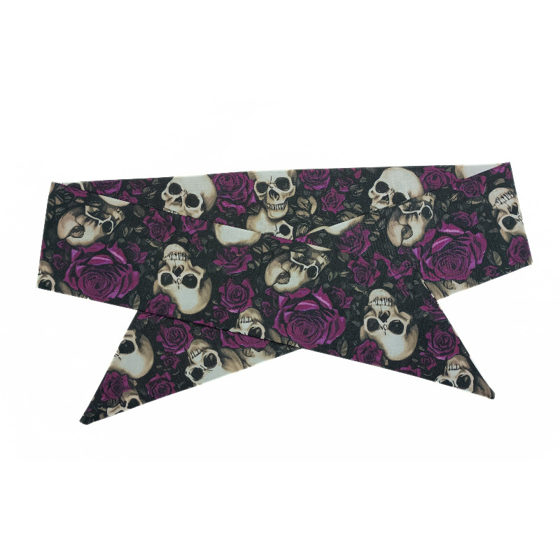Gothic Skulls & Purple Roses Self Tie Headband