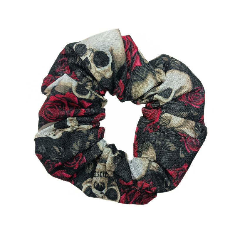 Gothic Skulls & Cerise Roses Scrunchie