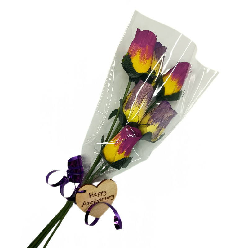 Happy Anniversary Wooden Rose Bouquet - Purple & Yellow